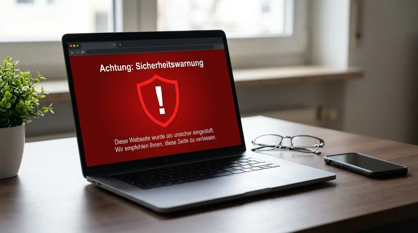 Laptop mit roter Browser-Warnung zeigt blockierte illegale Sportwetten-Webseite