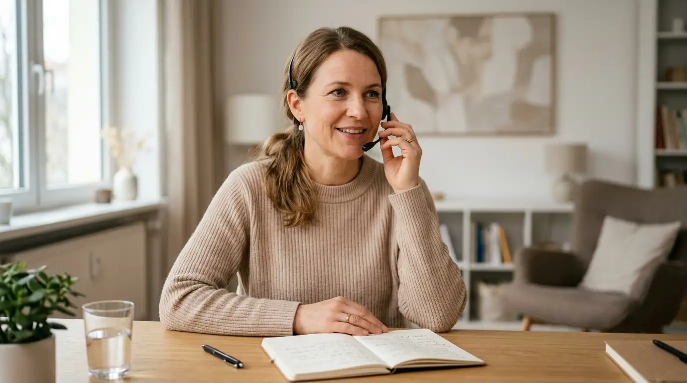 Beraterin am Telefon mit Notizblock vor sich — Suchtberatung und Spielerschutz-Hotline