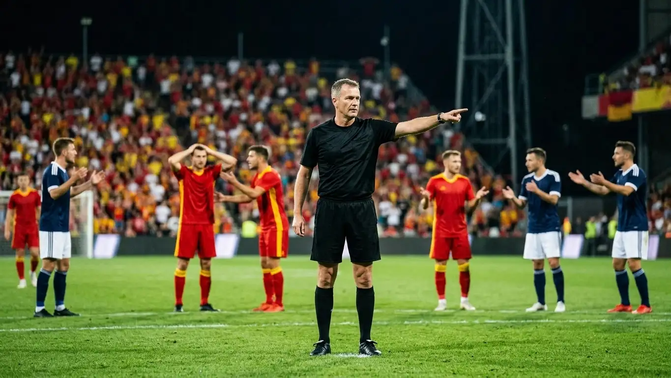 Türkischer Schiedsrichter zeigt mit ausgestrecktem Arm auf den Elfmeterpunkt während eines Süper-Lig-Spiels